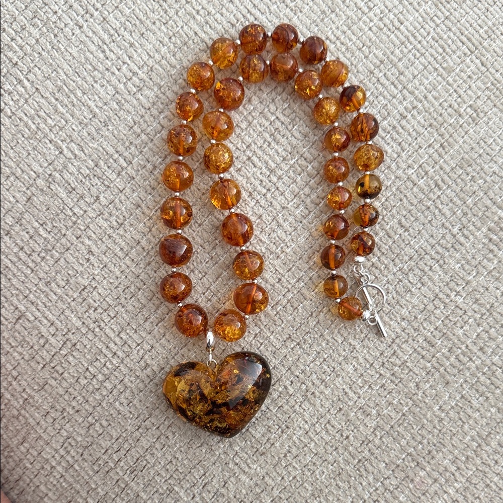 Genuine Amber Bead Necklace with Heart Charm from Poland